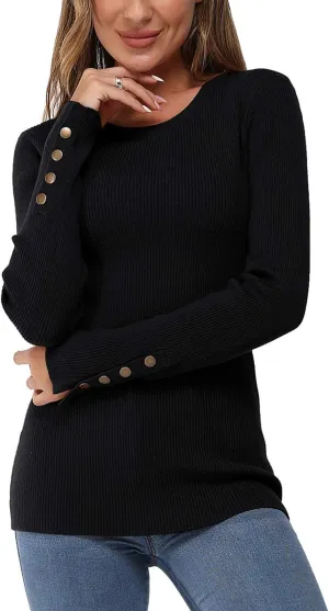 Newshows Women's Fall Fashion Sweater Long Sleeve Crew Neck Button Stretch Casual Pullover Tops Winter Clothes Trendy