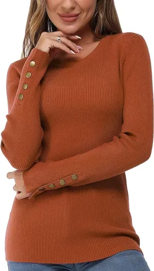 Newshows Women's Fall Fashion Sweater Long Sleeve Crew Neck Button Stretch Casual Pullover Tops Winter Clothes Trendy