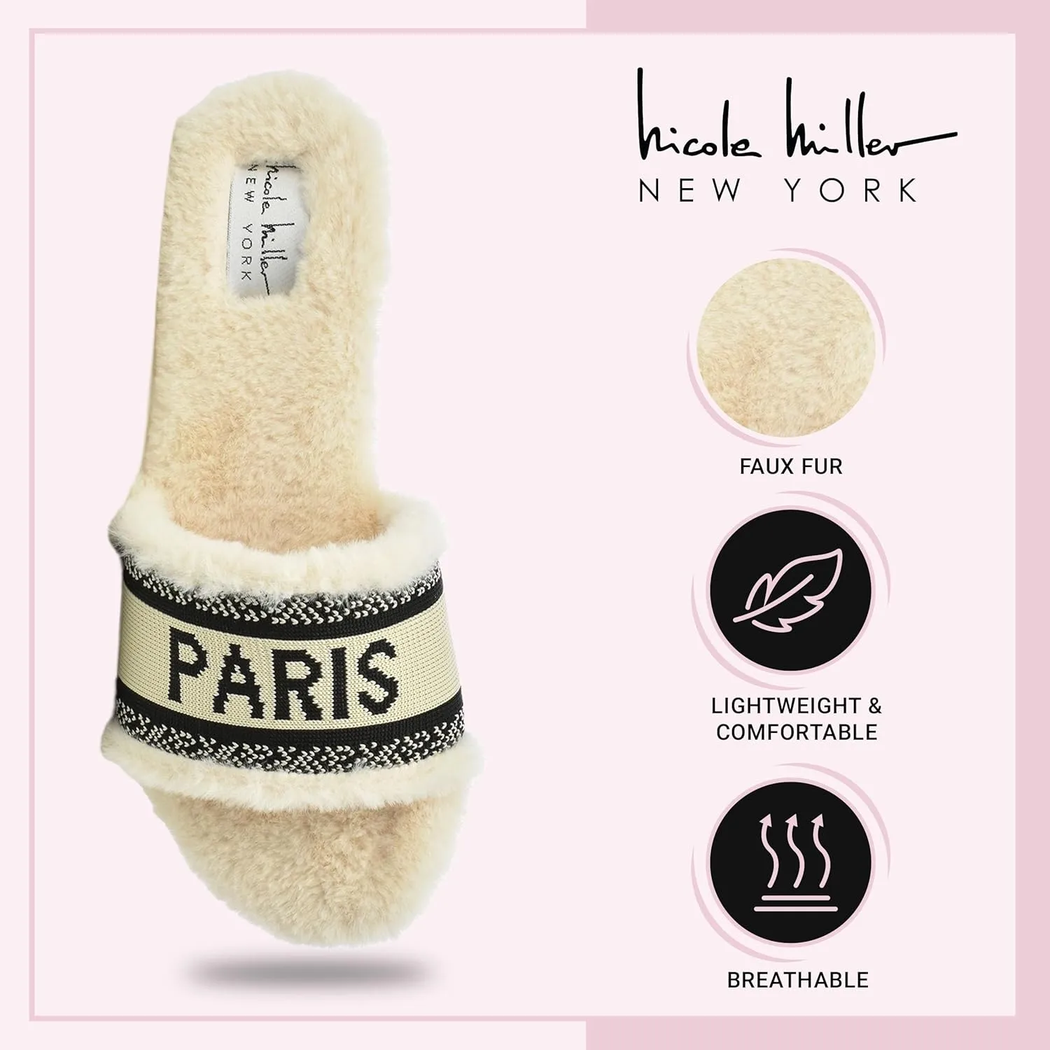Nicole Miller Paris Flat Slide Slippers for Women, Chic Faux Fur Lined Sandals - Fashionable Women's Slippers Perfect for Indoor & Outdoor Use - Stylish Gifts for Women