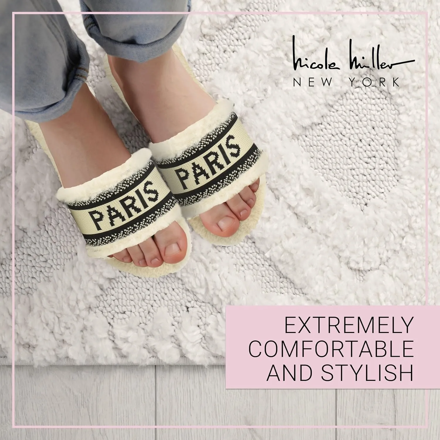 Nicole Miller Paris Flat Slide Slippers for Women, Chic Faux Fur Lined Sandals - Fashionable Women's Slippers Perfect for Indoor & Outdoor Use - Stylish Gifts for Women