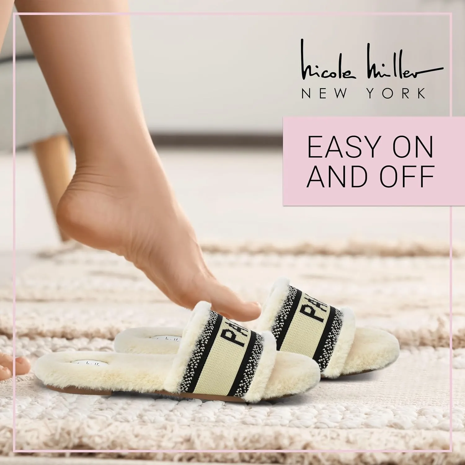 Nicole Miller Paris Flat Slide Slippers for Women, Chic Faux Fur Lined Sandals - Fashionable Women's Slippers Perfect for Indoor & Outdoor Use - Stylish Gifts for Women