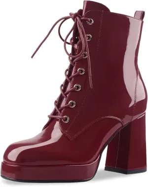 Oh Mispares Women's Platform Ankle Boots with High Chunky Heel Fashion Lace-up Square toe Patent Leather Booties