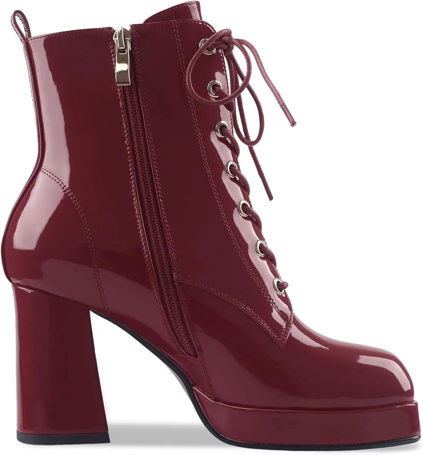 Oh Mispares Women's Platform Ankle Boots with High Chunky Heel Fashion Lace-up Square toe Patent Leather Booties