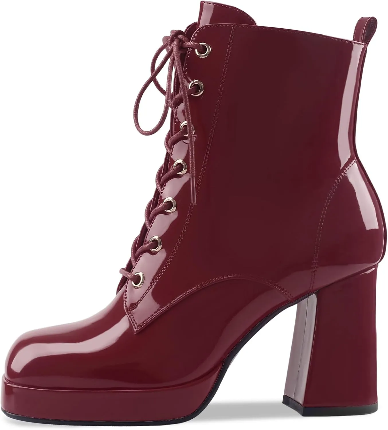 Oh Mispares Women's Platform Ankle Boots with High Chunky Heel Fashion Lace-up Square toe Patent Leather Booties