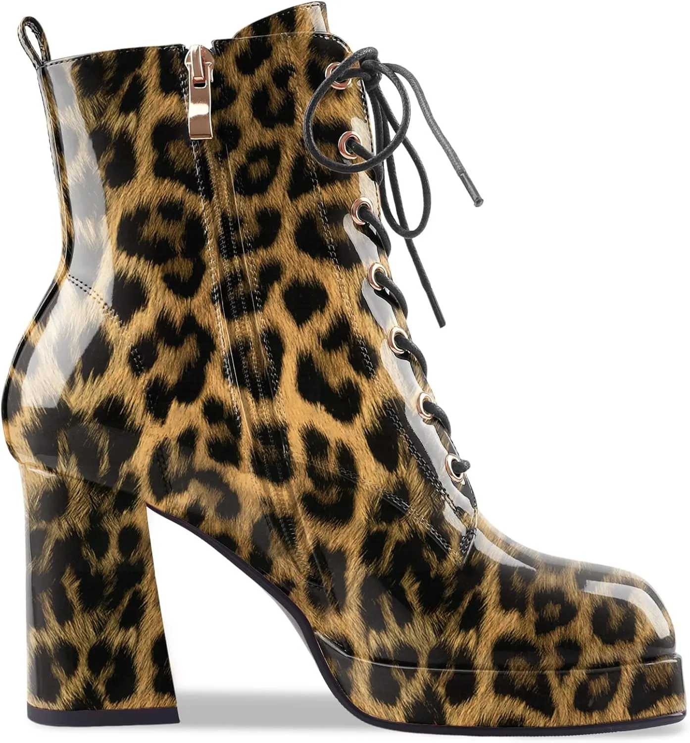 Oh Mispares Women's Platform Ankle Boots with High Chunky Heel Fashion Lace-up Square toe Patent Leather Booties