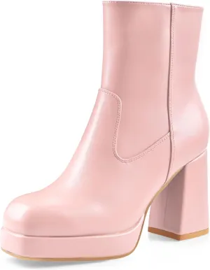 Oh Mispares Women's Platform High Chunky Heeled Ankle Boots Cozy Leather Gogo Boots Square Toe Side Zipper Booties