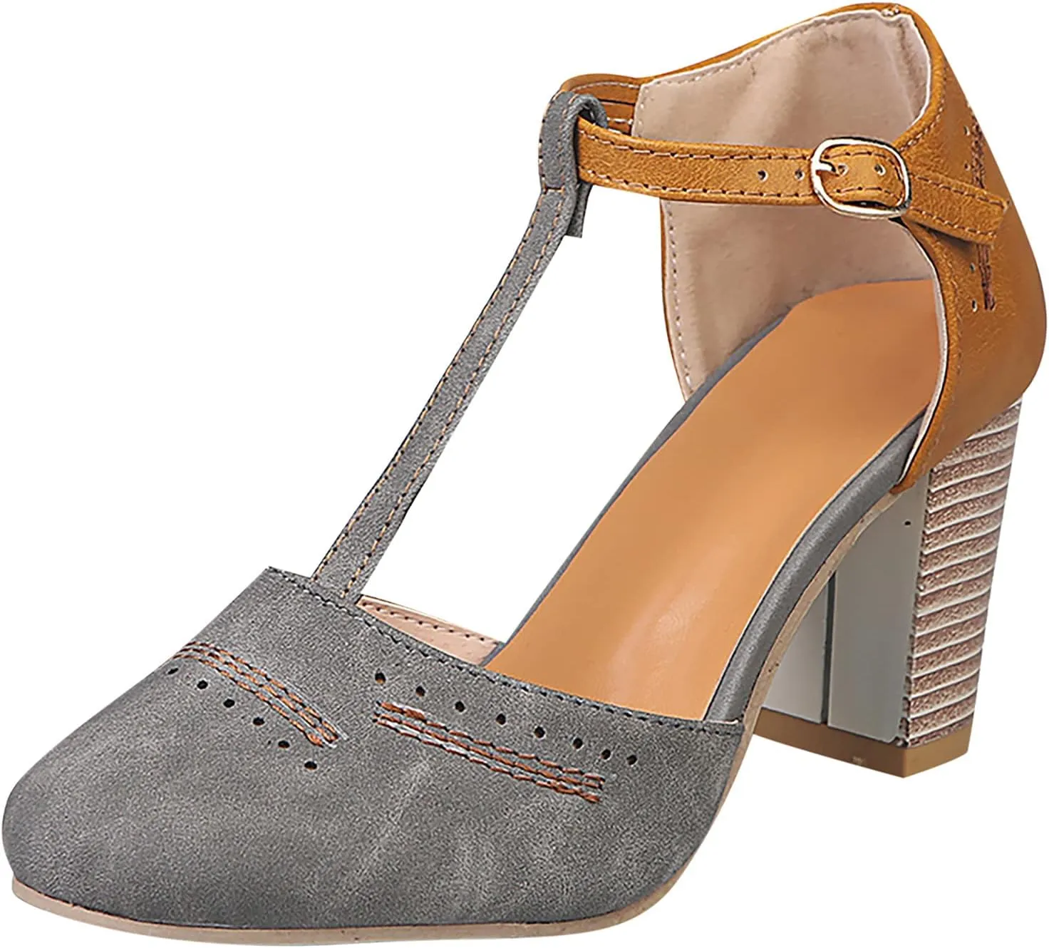 oiangi Chunky Heel Sandals for Women Summer Casual Fashion T Strap Cap Toe Hollow Buckle High-heeled Shoes Trendy Color Block Office Square Heel Sandals
