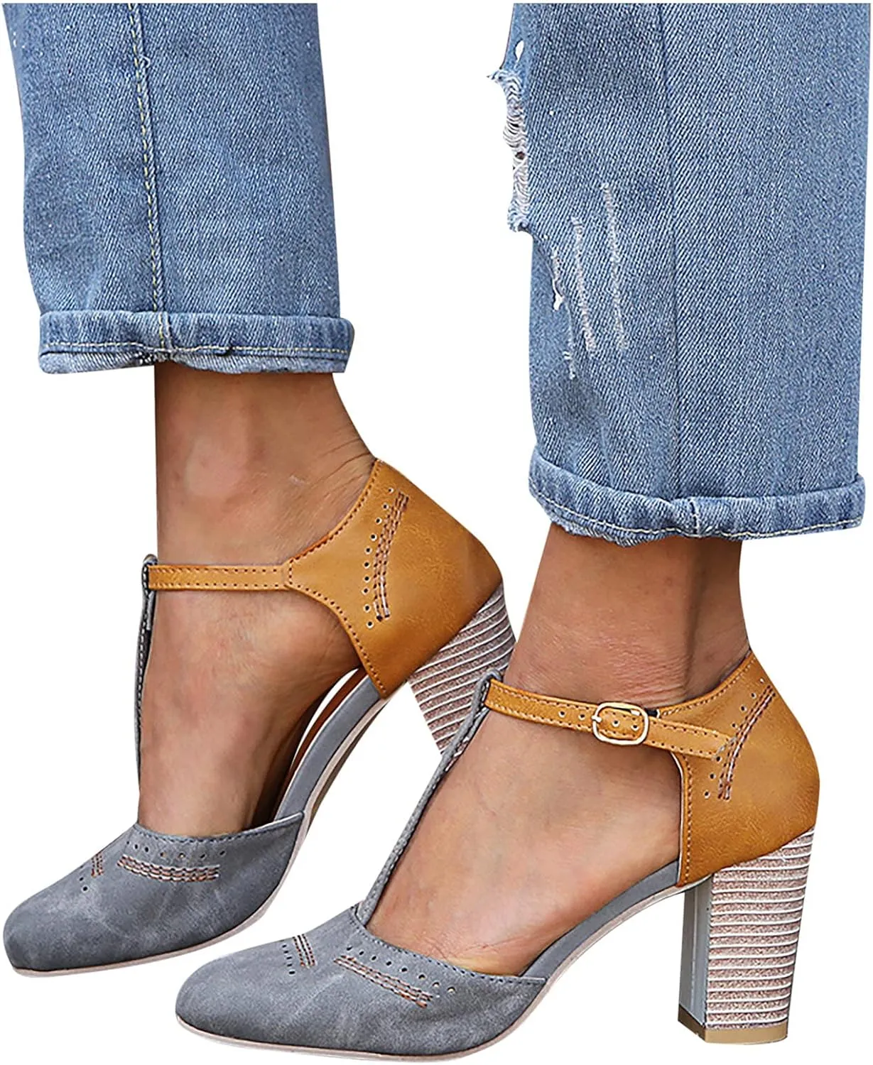 oiangi Chunky Heel Sandals for Women Summer Casual Fashion T Strap Cap Toe Hollow Buckle High-heeled Shoes Trendy Color Block Office Square Heel Sandals