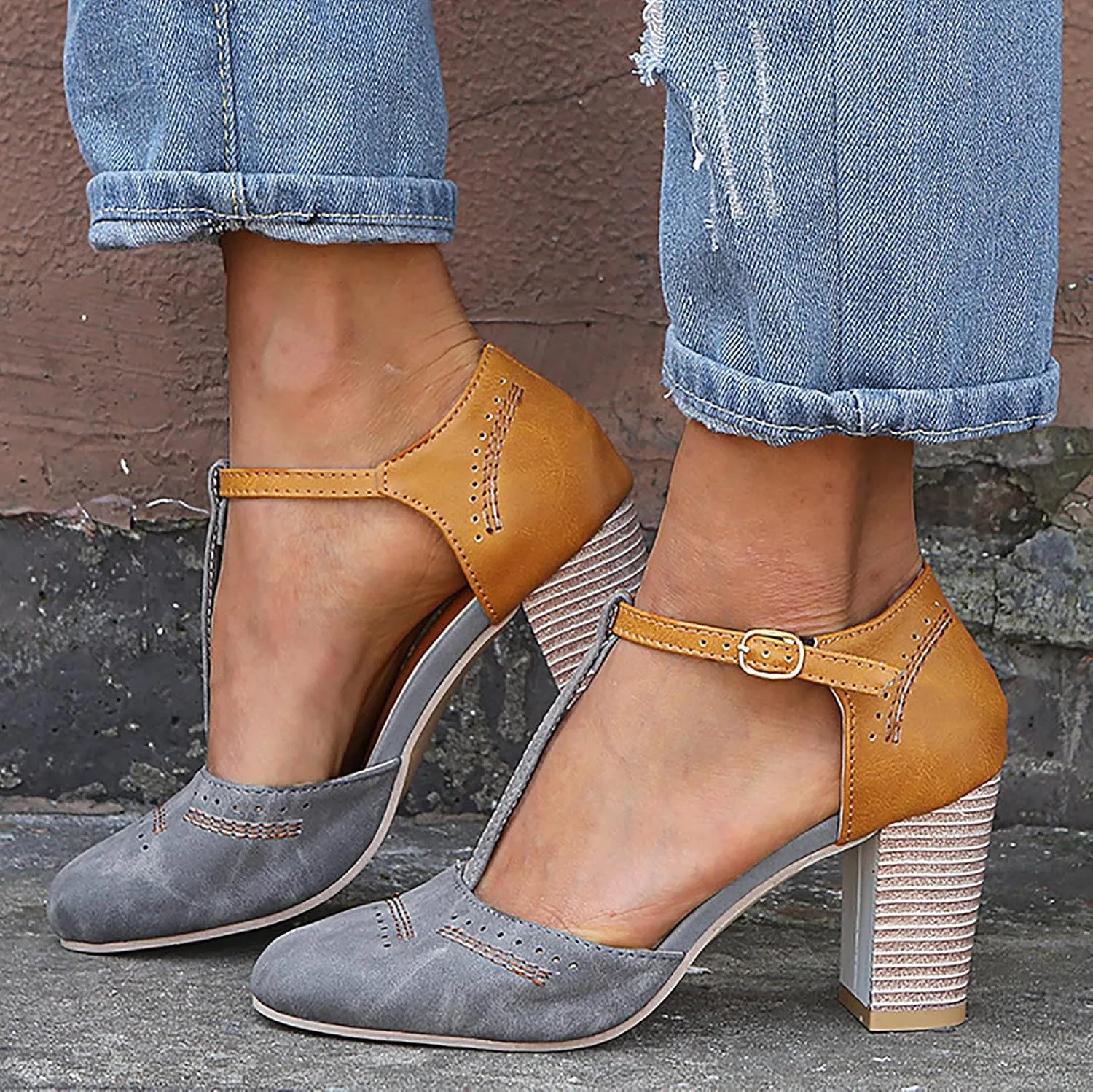 oiangi Chunky Heel Sandals for Women Summer Casual Fashion T Strap Cap Toe Hollow Buckle High-heeled Shoes Trendy Color Block Office Square Heel Sandals