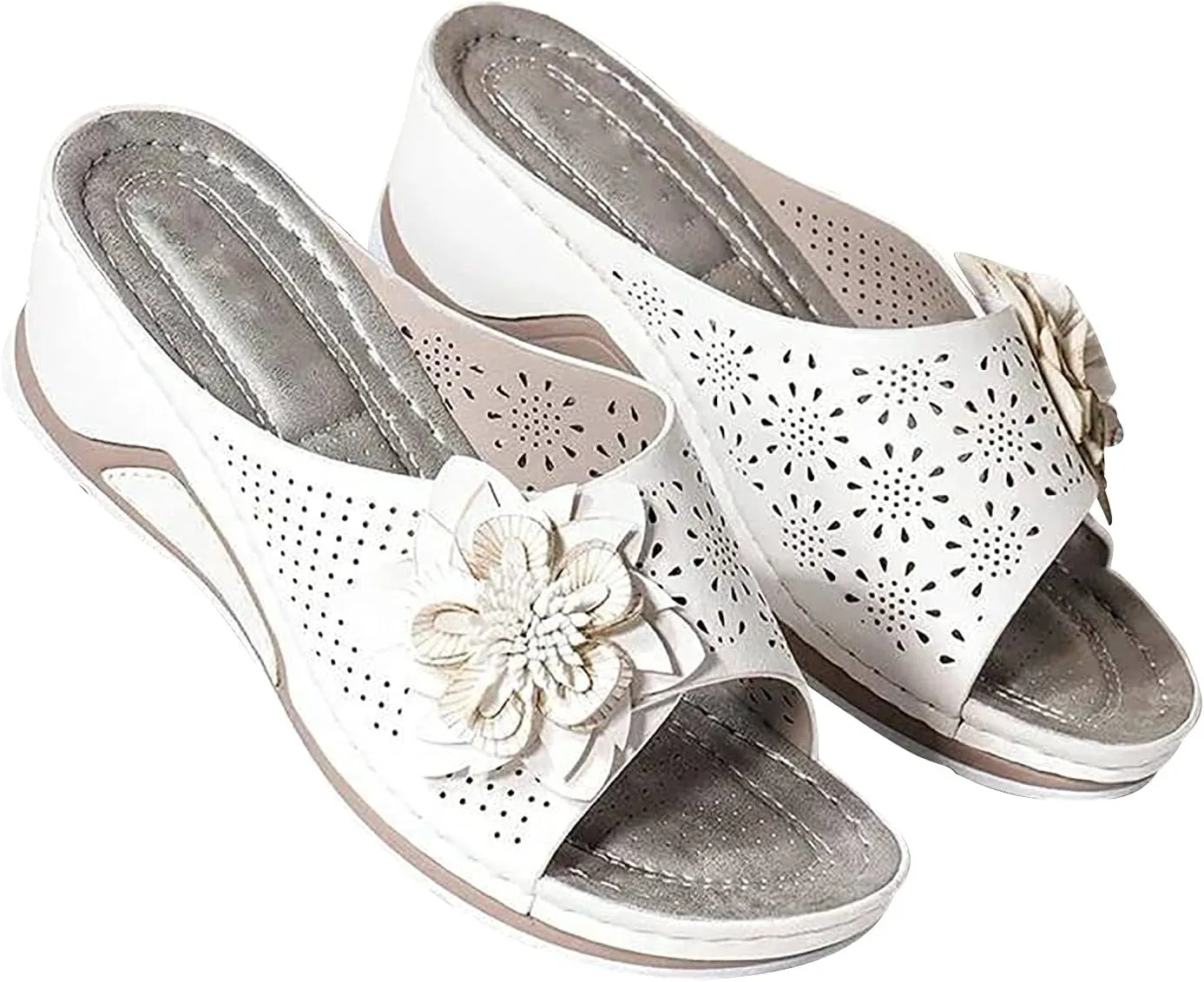 oiangi Orthopedic Sandals for Women Arch Support,Summer Fashion Flower Fish Mouth Open Toe Leather Mesh Comfy Wedge Sandals