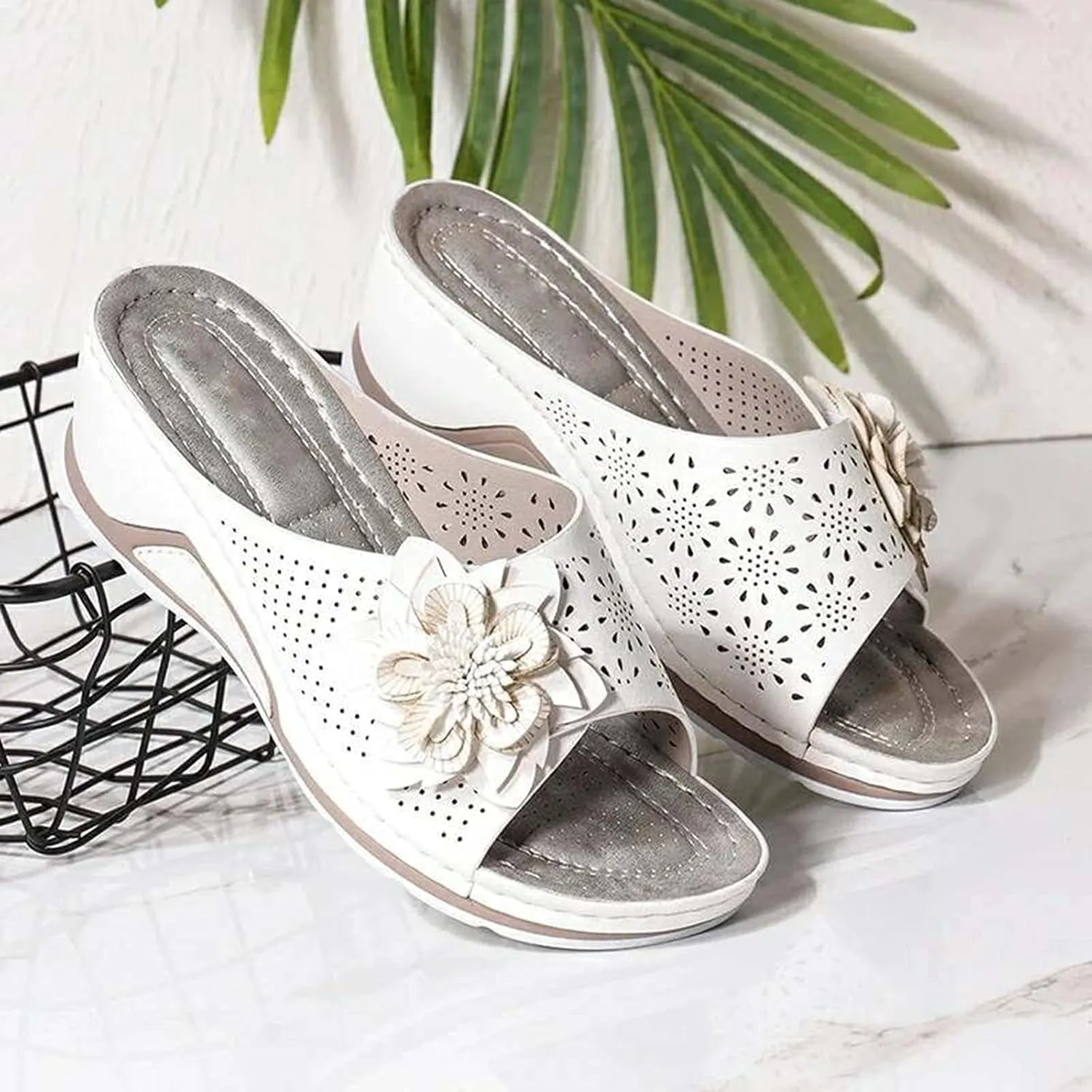 oiangi Orthopedic Sandals for Women Arch Support,Summer Fashion Flower Fish Mouth Open Toe Leather Mesh Comfy Wedge Sandals
