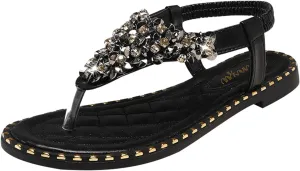 oiangi Sandals Women Fashion Casual Beaded Rhinestones Elastic Strap Thong Flat Sandals Summer Comfortable Trendy Open Toe Beach Shoes
