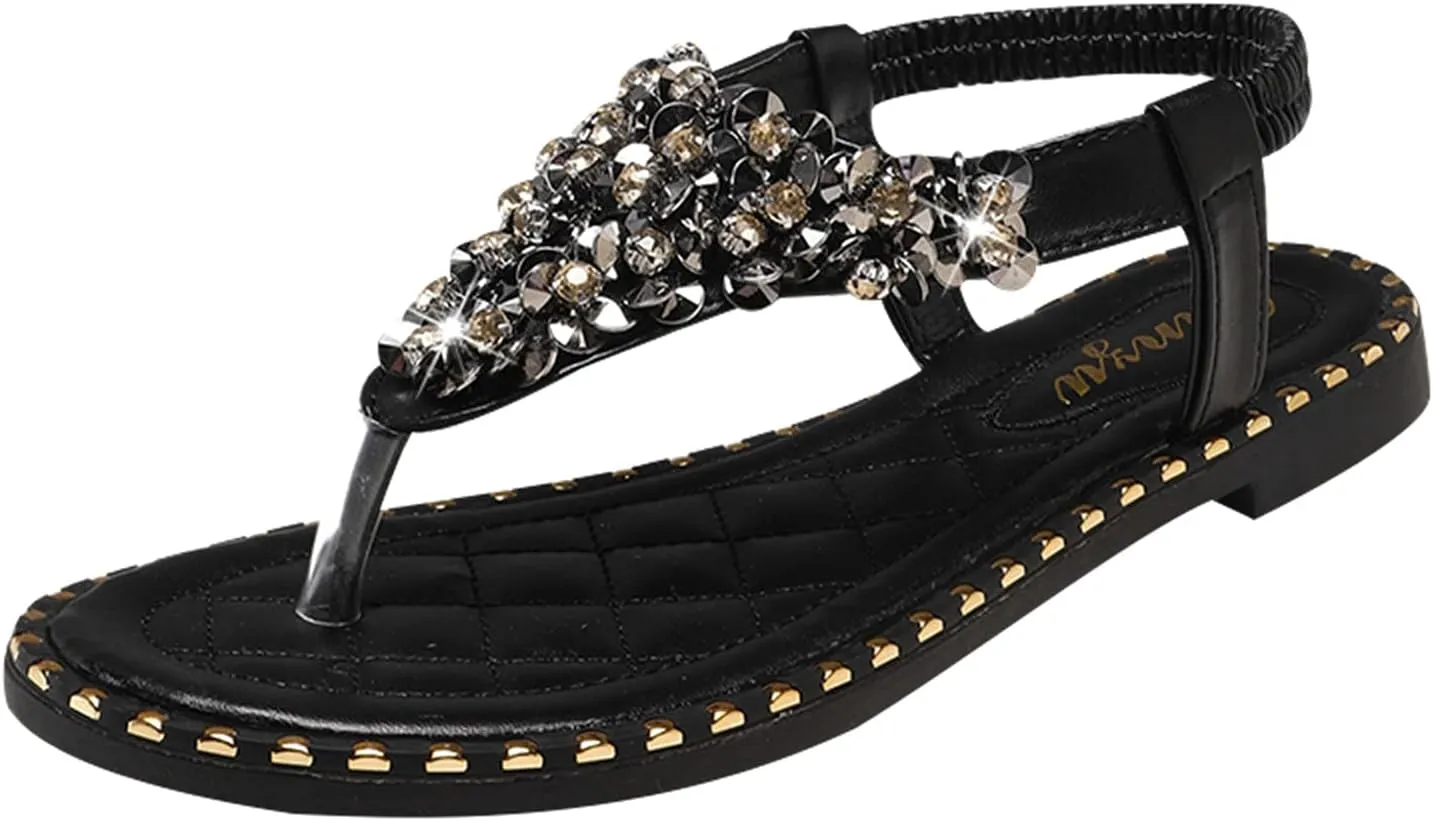 oiangi Sandals Women Fashion Casual Beaded Rhinestones Elastic Strap Thong Flat Sandals Summer Comfortable Trendy Open Toe Beach Shoes