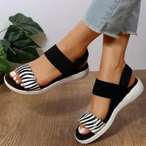 OMIREL Open Toe Sandals for Women Casual Summer Zebra Print Vintage Wedge Sandal Gladiator Outdoor Shoes Knit Ankle Strap with Arch Suppor Flip Flops Walking Shoes,Black,US11/EU42