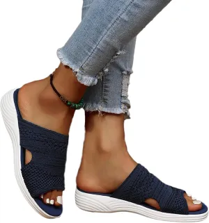 OMIREL Platform Sandals Women Casual Summer Hollow Out Vintage Comfy Sports Knit Sandals Slip on Slipper Open Toe Fish Mouth Beach Casual Sandals,Blue,US9/EU40