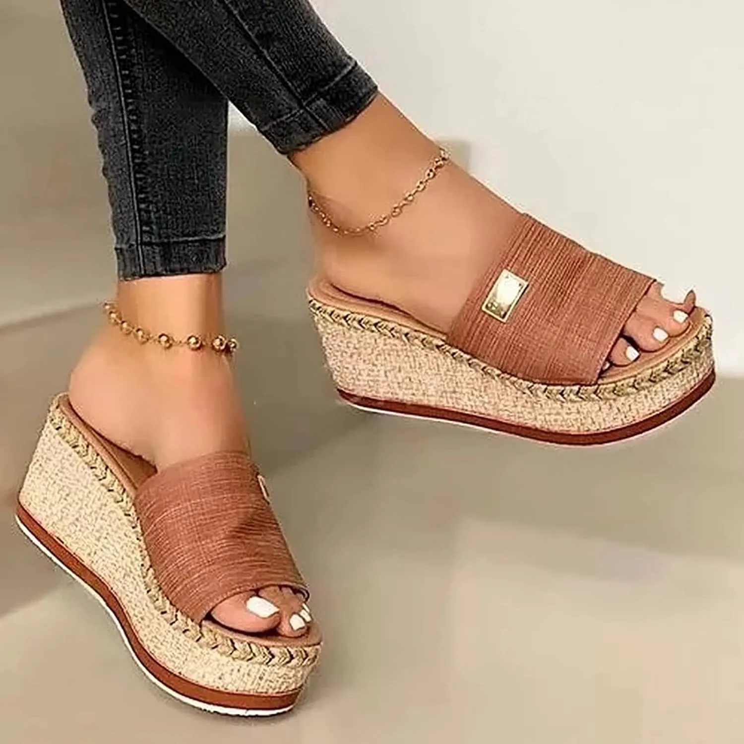 OMIREL Women Platform Sandals Wedge Sandal Summer Open Toe Fashion Retro Espadrille Sandals Non-Slip Comfy Ladies Platform Shoes Women Sandals,Brown,US7/EU38