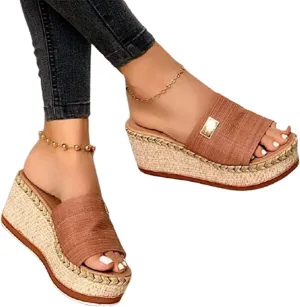 OMIREL Women Platform Sandals Wedge Sandal Summer Open Toe Fashion Retro Espadrille Sandals Non-Slip Comfy Ladies Platform Shoes Women Sandals,Brown,US7/EU38