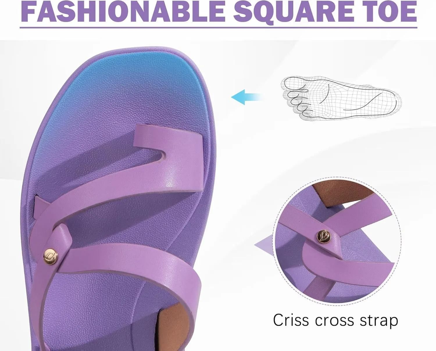 ONCAI Flat Sandals for Women Trendy Square Open Split-Toe Ring Summer Dressy Cross Strappy Slides Sandles with Slip-on Rubber Soles