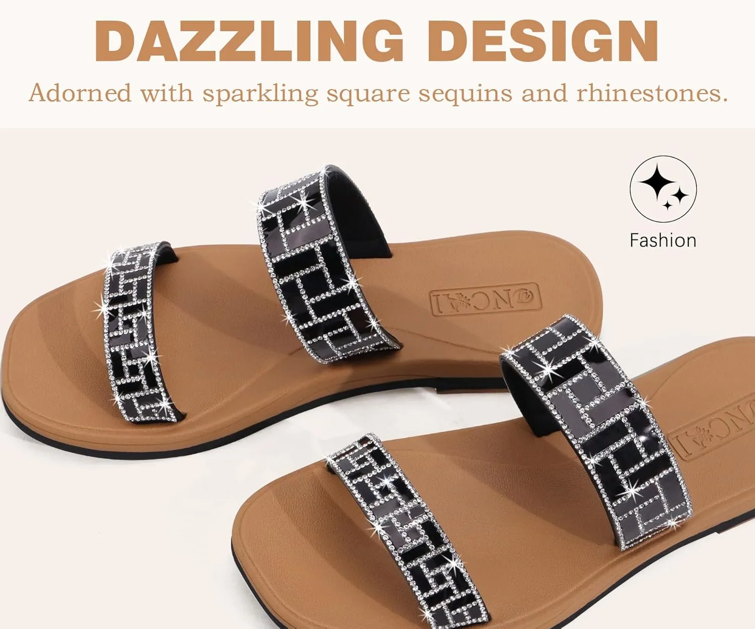 ONCAI Rhinestones Slide Sandals for Women with Glittery Trendy Square Open Toe Summer Flat Sparkly Dressy Sandals with Slip-on Rubber Soles