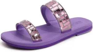 ONCAI Rhinestones Slide Sandals for Women with Glittery Trendy Square Open Toe Summer Flat Sparkly Dressy Sandals with Slip-on Rubber Soles