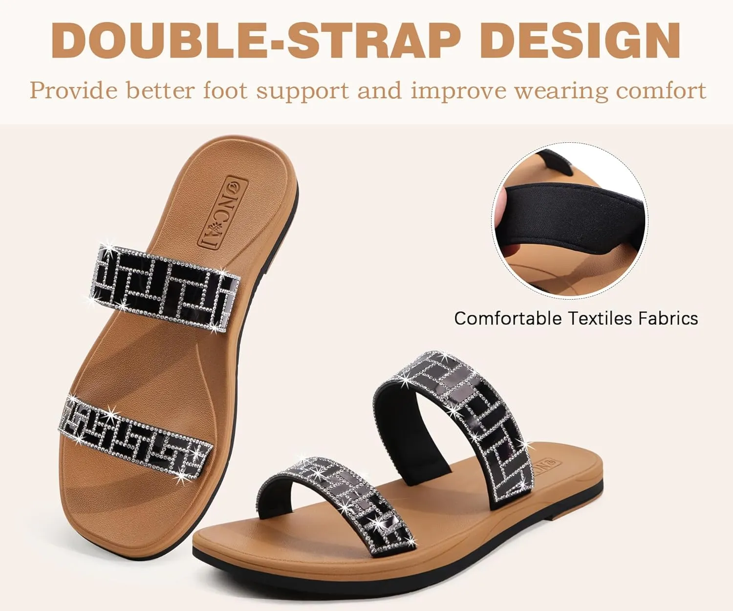 ONCAI Rhinestones Slide Sandals for Women with Glittery Trendy Square Open Toe Summer Flat Sparkly Dressy Sandals with Slip-on Rubber Soles