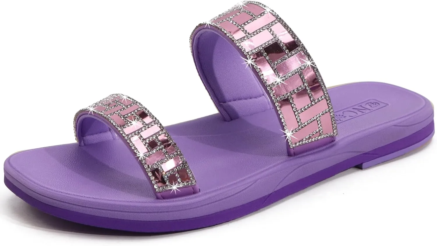 ONCAI Rhinestones Slide Sandals for Women with Glittery Trendy Square Open Toe Summer Flat Sparkly Dressy Sandals with Slip-on Rubber Soles