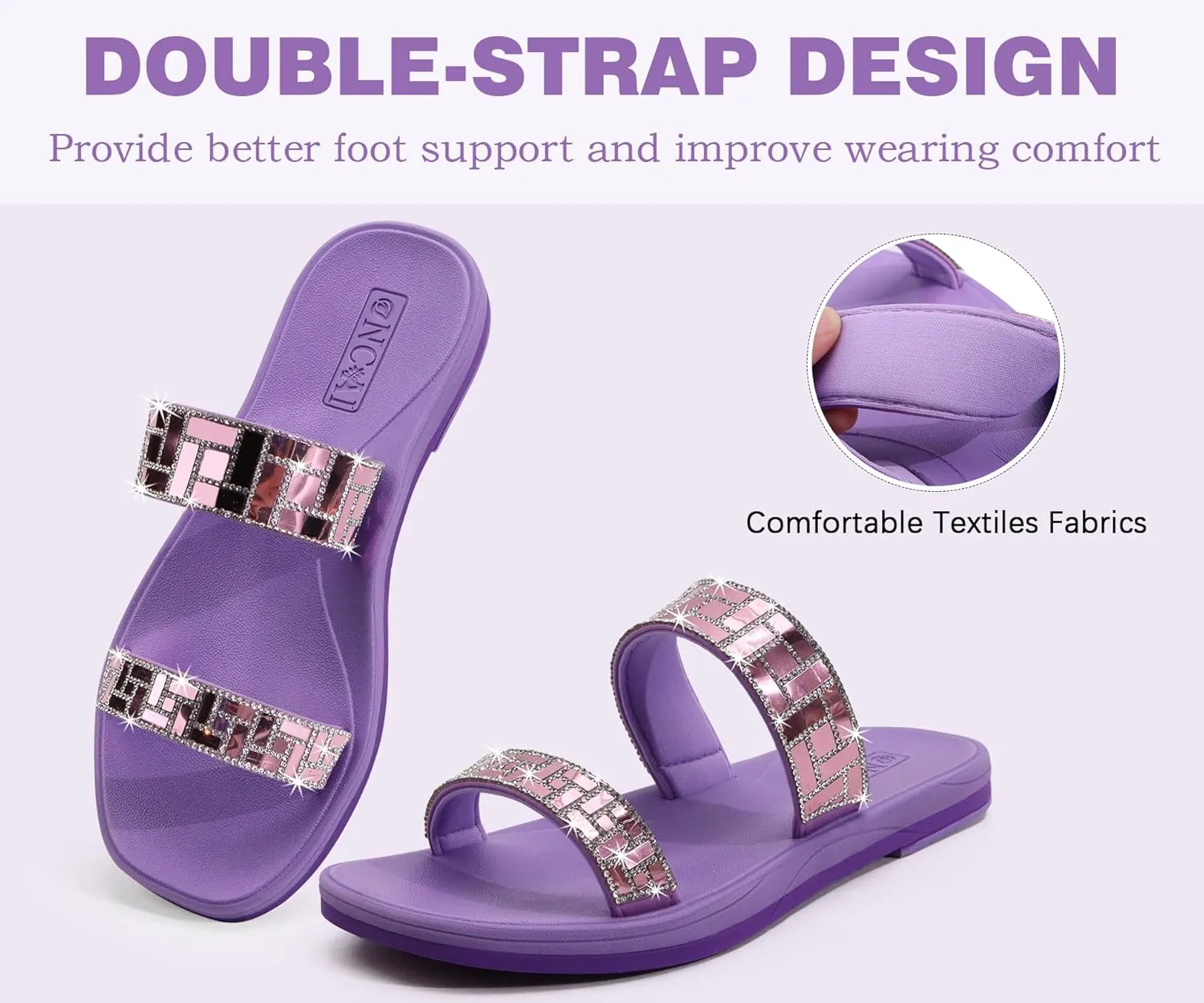 ONCAI Rhinestones Slide Sandals for Women with Glittery Trendy Square Open Toe Summer Flat Sparkly Dressy Sandals with Slip-on Rubber Soles