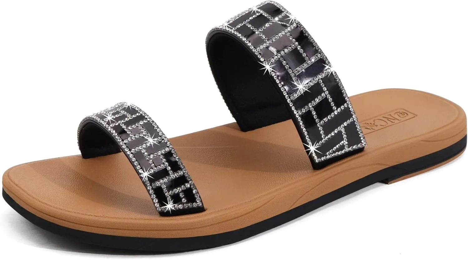 ONCAI Rhinestones Slide Sandals for Women with Glittery Trendy Square Open Toe Summer Flat Sparkly Dressy Sandals with Slip-on Rubber Soles