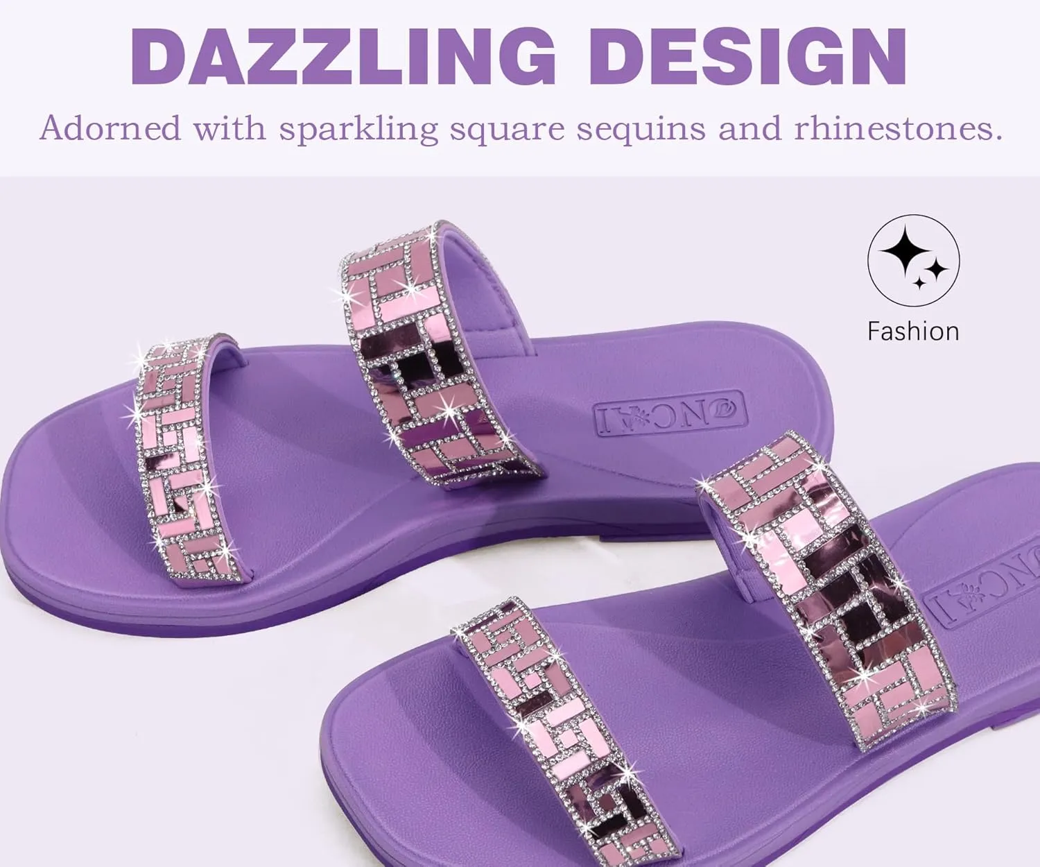 ONCAI Rhinestones Slide Sandals for Women with Glittery Trendy Square Open Toe Summer Flat Sparkly Dressy Sandals with Slip-on Rubber Soles
