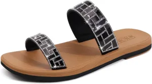 ONCAI Rhinestones Slide Sandals for Women with Glittery Trendy Square Open Toe Summer Flat Sparkly Dressy Sandals with Slip-on Rubber Soles