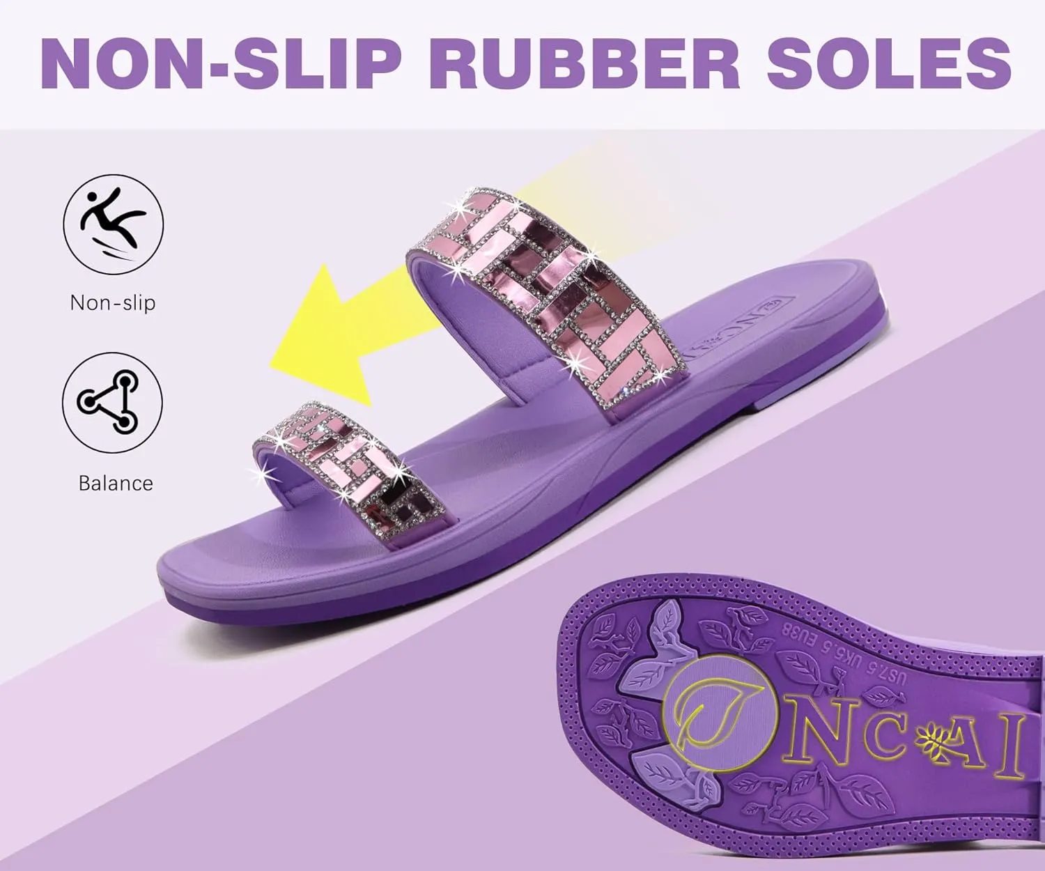 ONCAI Rhinestones Slide Sandals for Women with Glittery Trendy Square Open Toe Summer Flat Sparkly Dressy Sandals with Slip-on Rubber Soles
