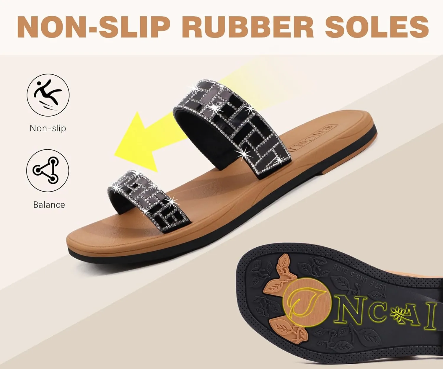 ONCAI Rhinestones Slide Sandals for Women with Glittery Trendy Square Open Toe Summer Flat Sparkly Dressy Sandals with Slip-on Rubber Soles