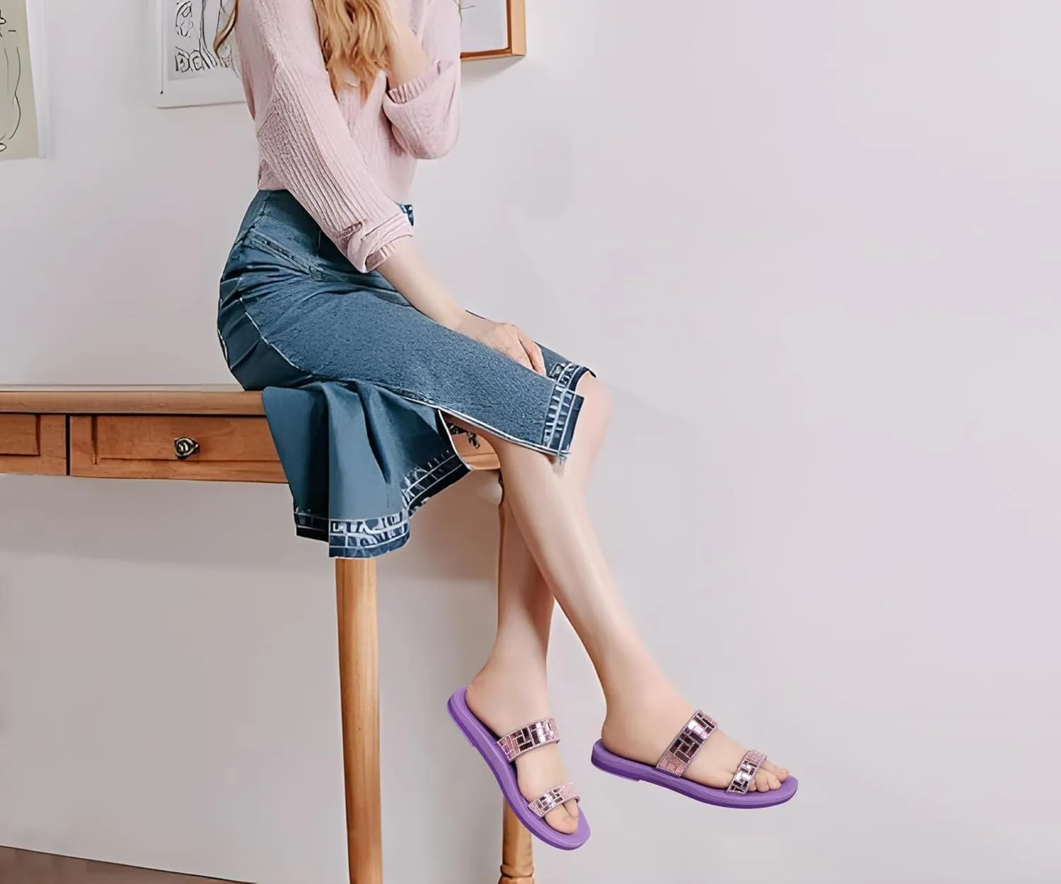 ONCAI Rhinestones Slide Sandals for Women with Glittery Trendy Square Open Toe Summer Flat Sparkly Dressy Sandals with Slip-on Rubber Soles
