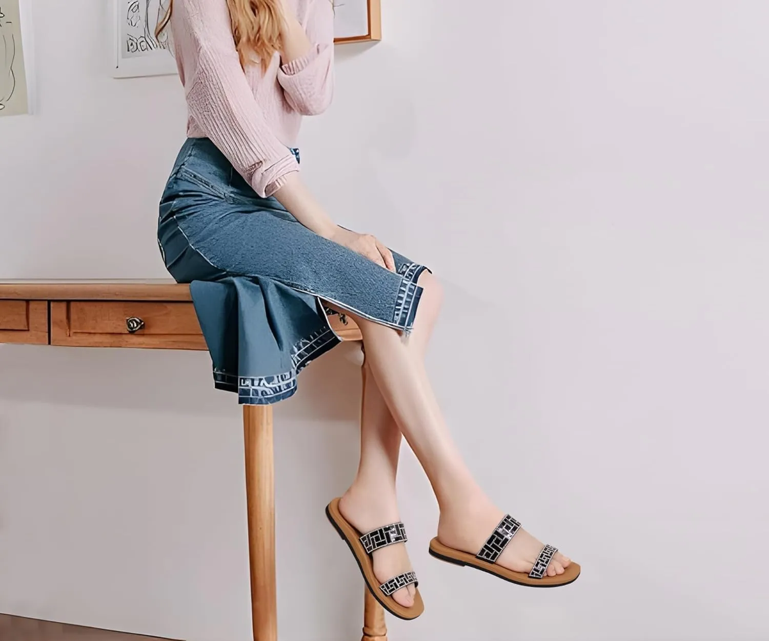 ONCAI Rhinestones Slide Sandals for Women with Glittery Trendy Square Open Toe Summer Flat Sparkly Dressy Sandals with Slip-on Rubber Soles