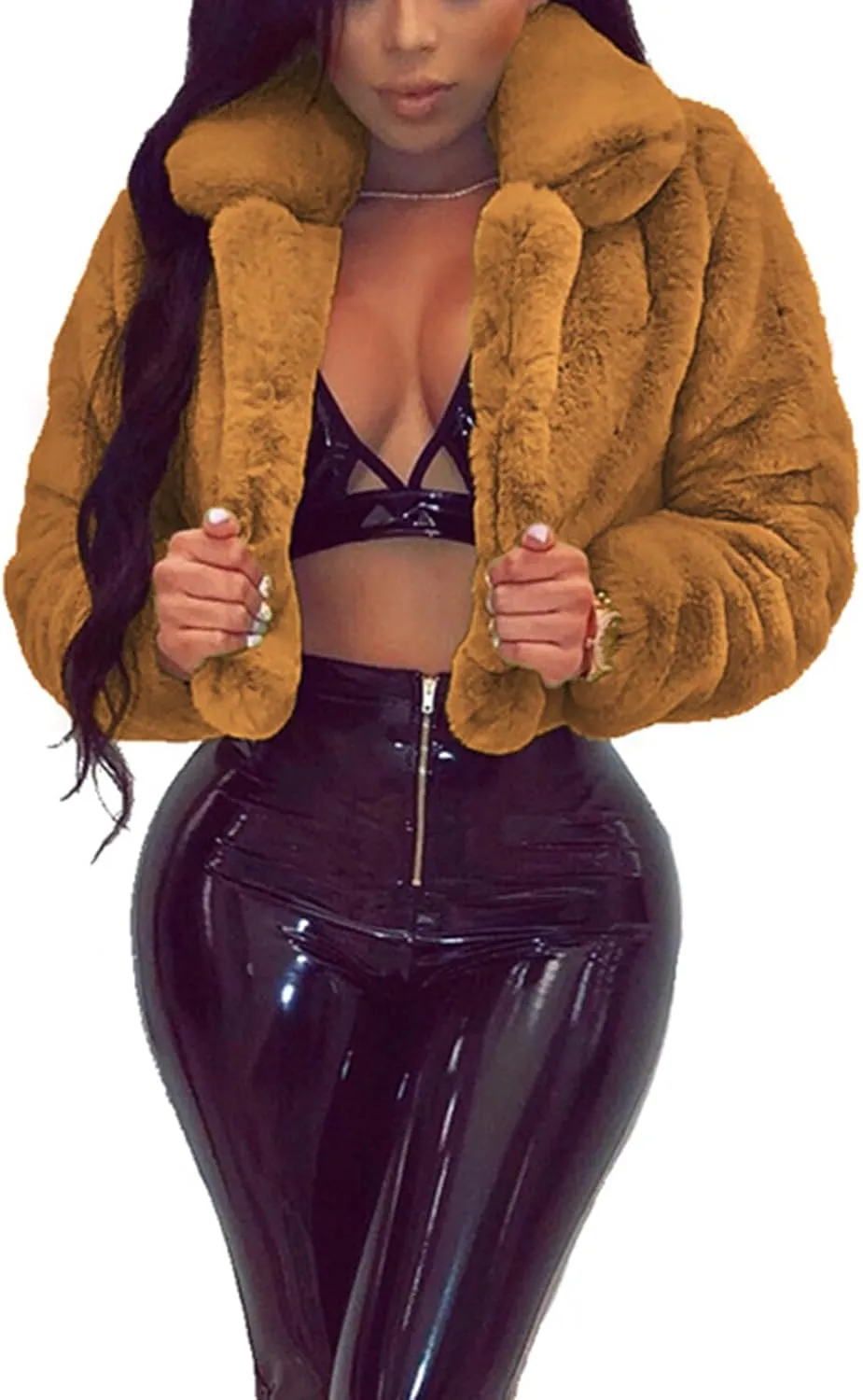 Ophestin Women Solid Color Long Sleeve Shaggy Lapel Faux Fur Coat Short Jacket Outwear Warm Winter