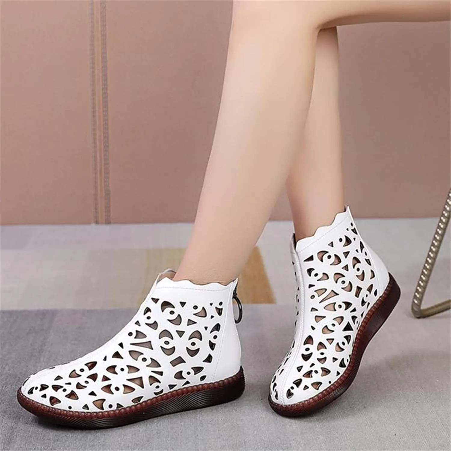 ORNVEION Women's Hollow Leather High Top Flat Sandals Boots with Back Zipper,Comfortable ClosedToe Casual Dress Sandal Handmade Beef Tendon Soft Flat Mom Shoes