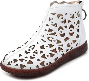 ORNVEION Women's Hollow Leather High Top Flat Sandals Boots with Back Zipper,Comfortable ClosedToe Casual Dress Sandal Handmade Beef Tendon Soft Flat Mom Shoes