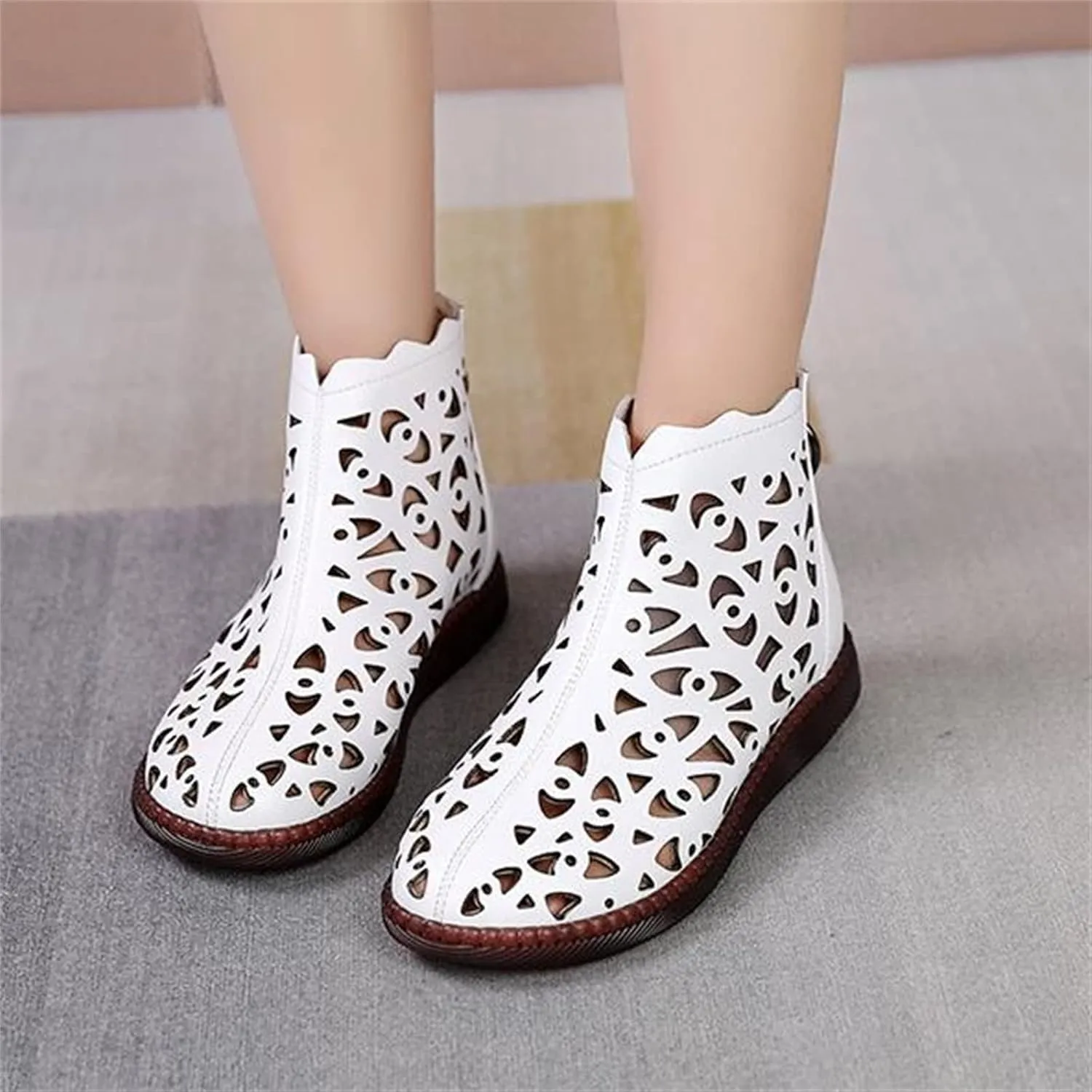 ORNVEION Women's Hollow Leather High Top Flat Sandals Boots with Back Zipper,Comfortable ClosedToe Casual Dress Sandal Handmade Beef Tendon Soft Flat Mom Shoes