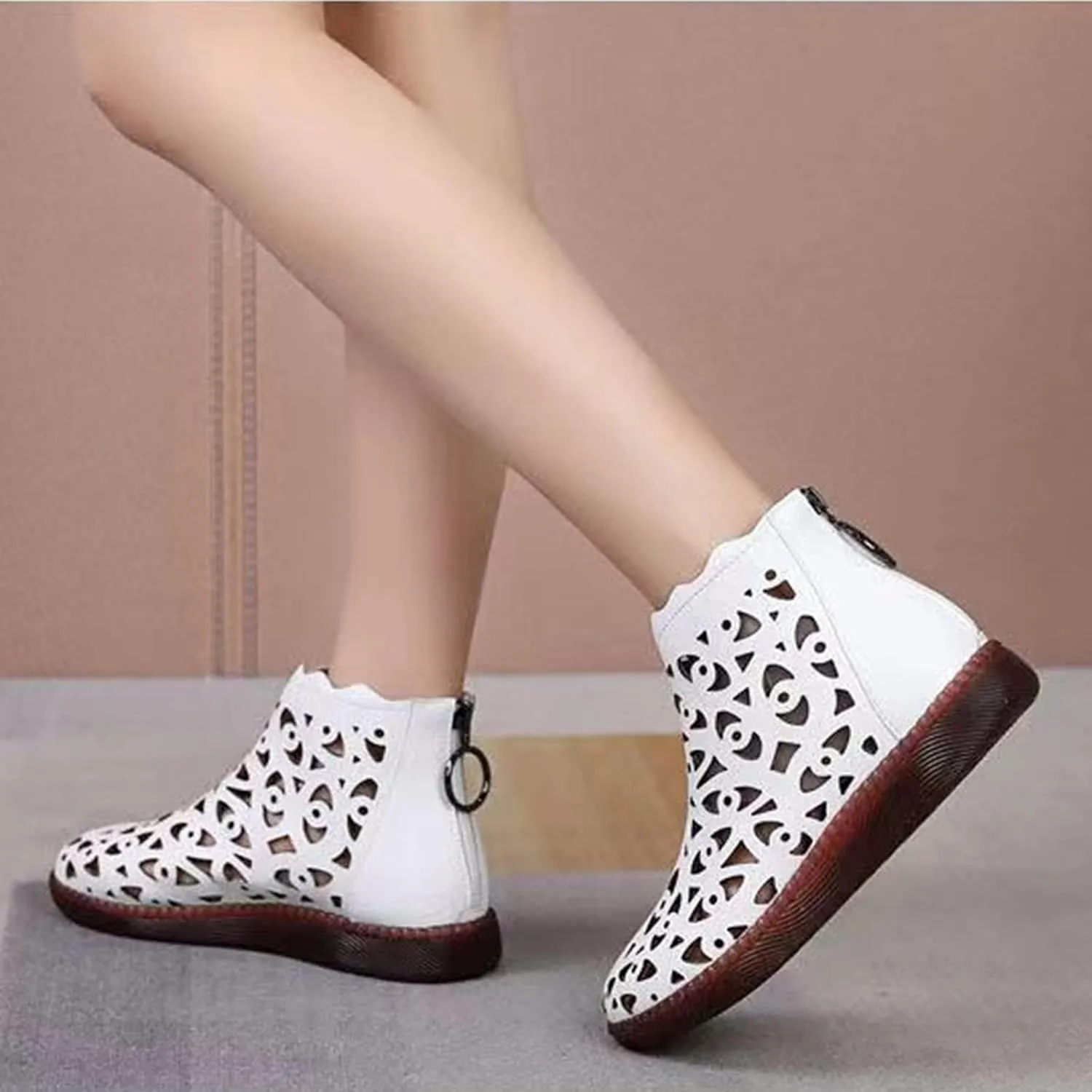 ORNVEION Women's Hollow Leather High Top Flat Sandals Boots with Back Zipper,Comfortable ClosedToe Casual Dress Sandal Handmade Beef Tendon Soft Flat Mom Shoes