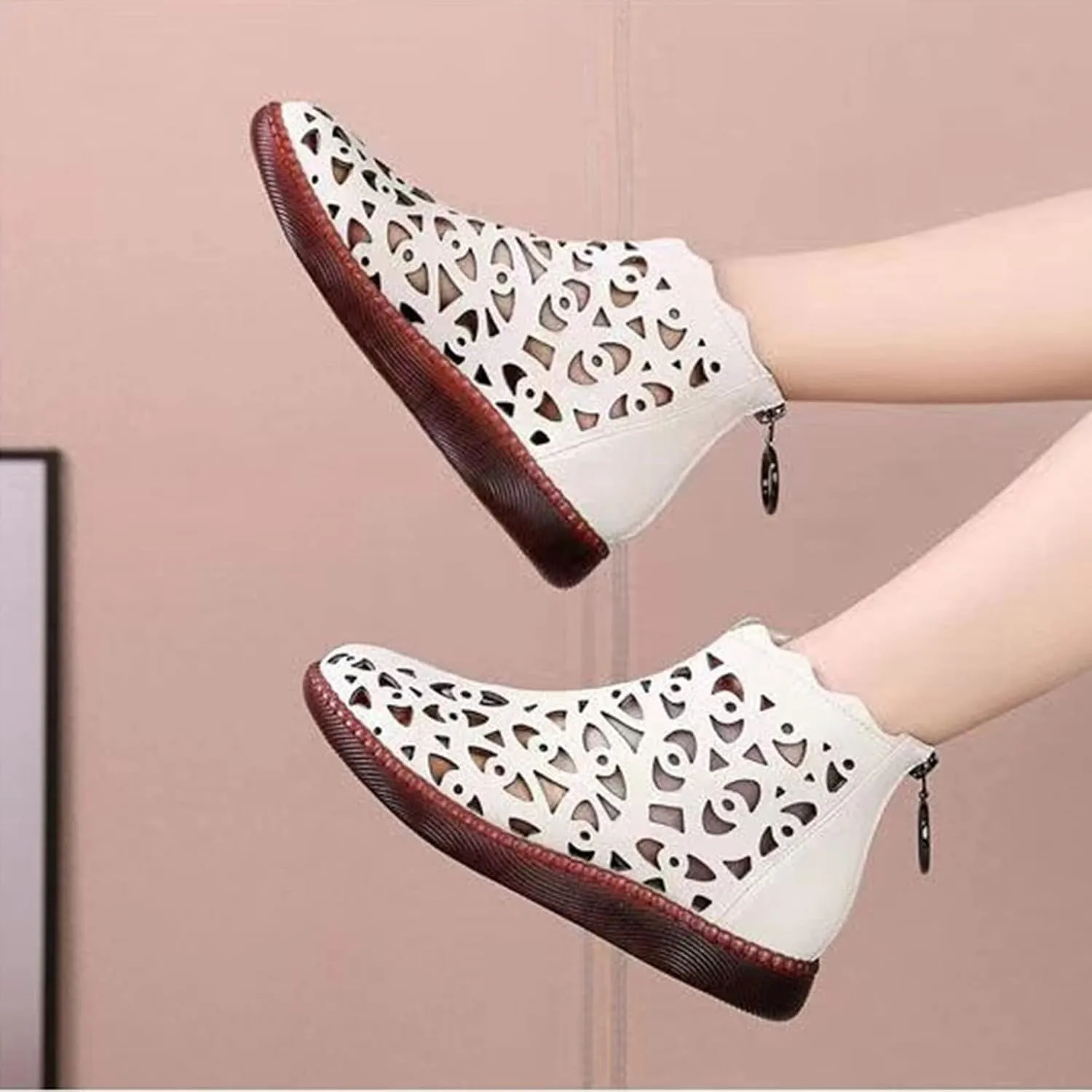 ORNVEION Women's Hollow Leather High Top Flat Sandals Boots with Back Zipper,Comfortable ClosedToe Casual Dress Sandal Handmade Beef Tendon Soft Flat Mom Shoes