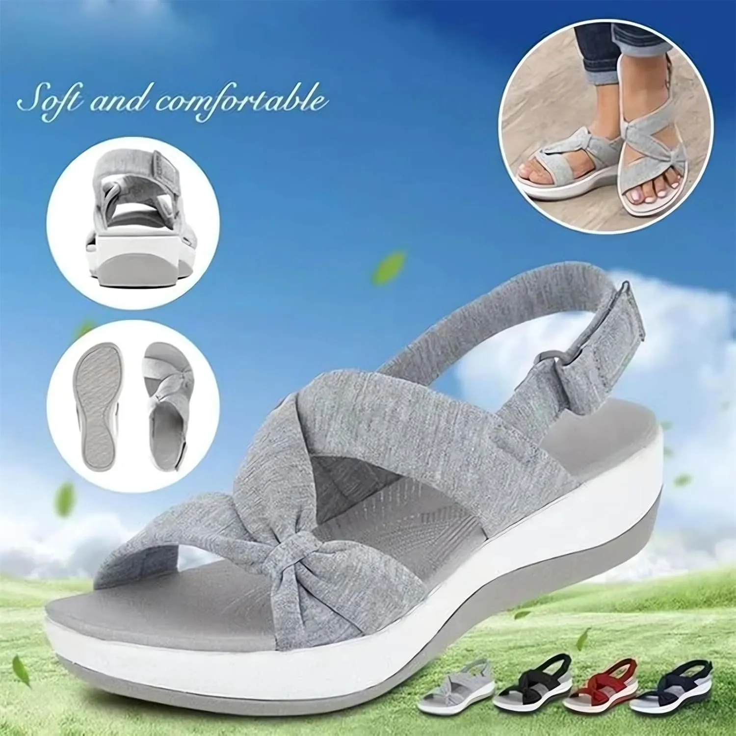 Orthopedic Arch Support Shoes Casual Comfortable Walking Flat Sandal Summer Bow Open Toe Flats Sandals Beach Vacation Cushion Shoes Wide Fit Espadrilles Slippers Cute Slip-Ins Sandals