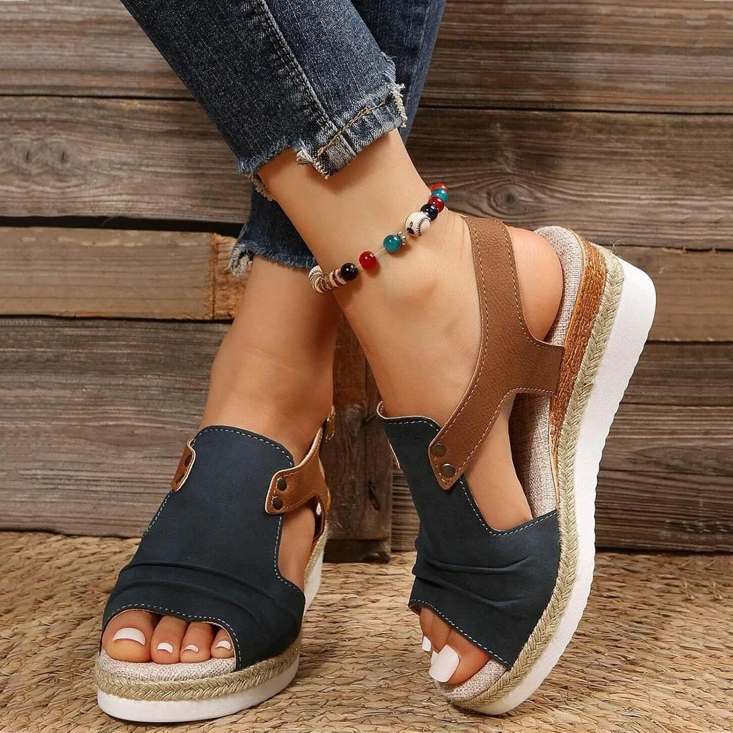 Orthopedic Platform Wedge Sandals for Women Summer Dressy 2025 Flat Open Toe Ankle Strap Espadrilles Sandals Casual Strappy Platform Slip on Sandal Beach Boho Comfortable Outdoor Shoes