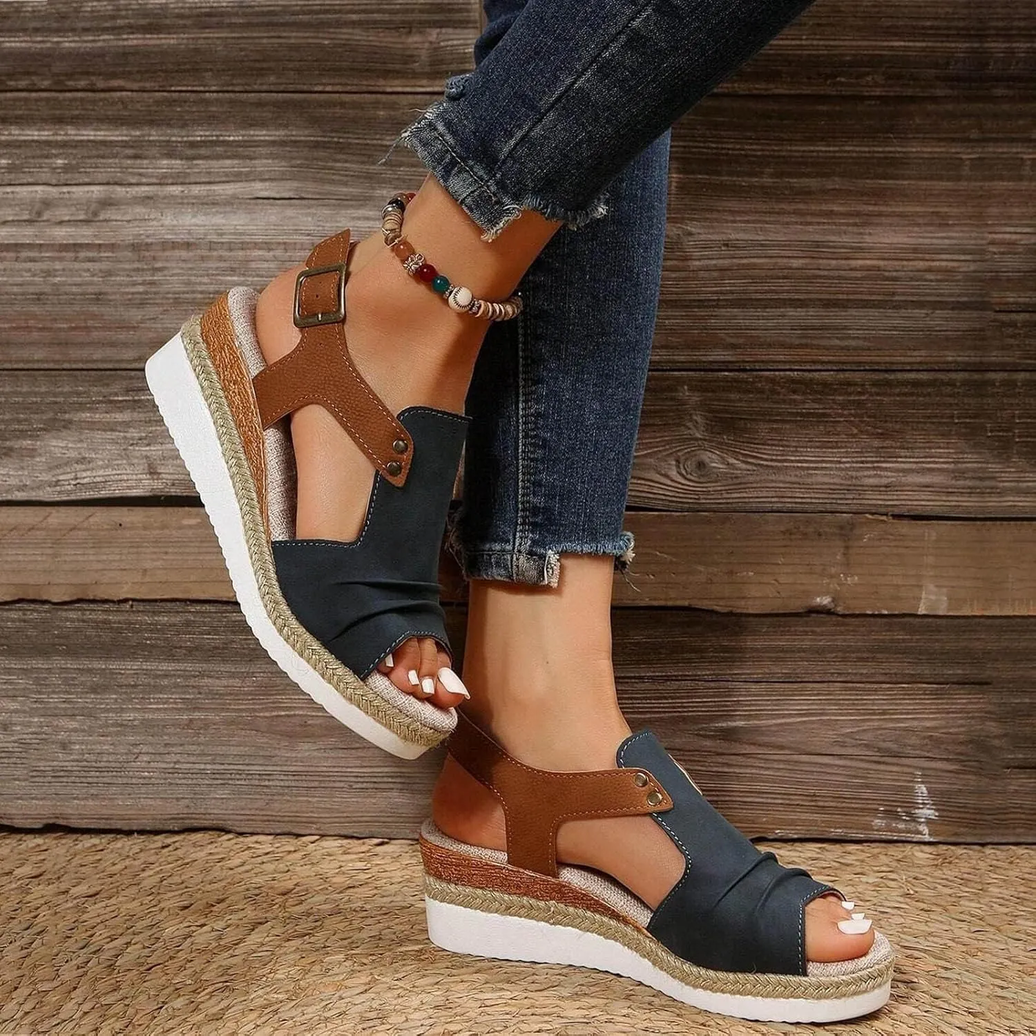Orthopedic Platform Wedge Sandals for Women Summer Dressy 2025 Flat Open Toe Ankle Strap Espadrilles Sandals Casual Strappy Platform Slip on Sandal Beach Boho Comfortable Outdoor Shoes