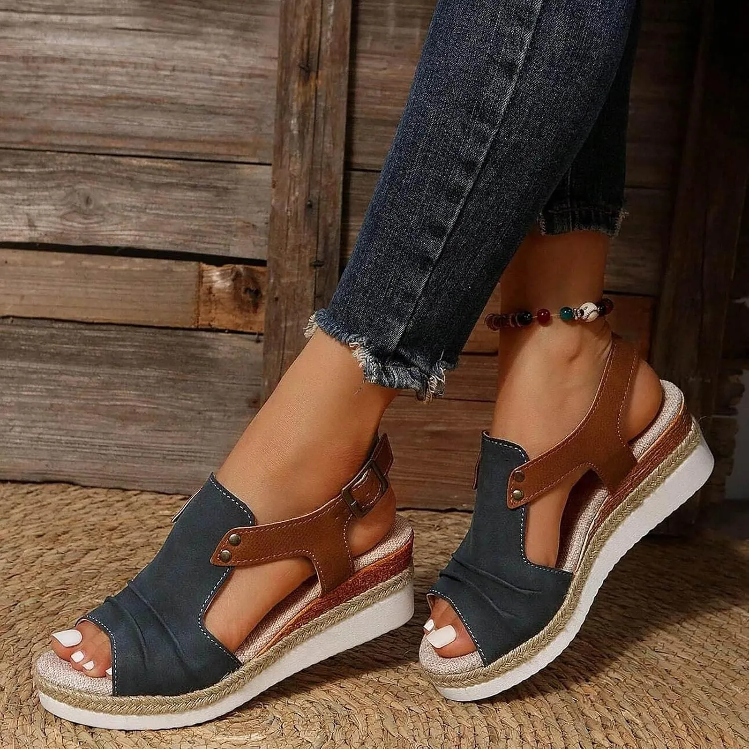 Orthopedic Platform Wedge Sandals for Women Summer Dressy 2025 Flat Open Toe Ankle Strap Espadrilles Sandals Casual Strappy Platform Slip on Sandal Beach Boho Comfortable Outdoor Shoes