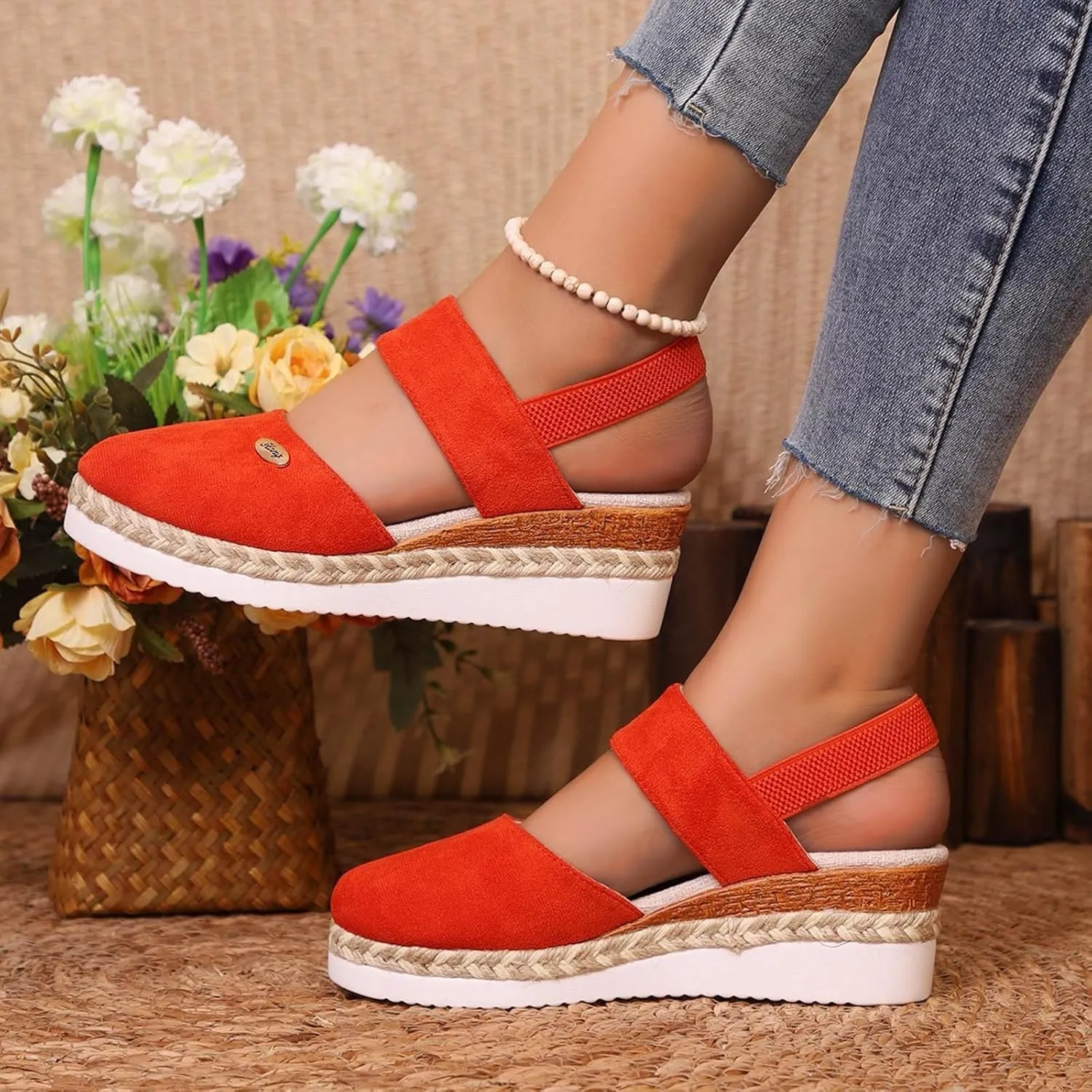 Orthopedic Platform Wedge Sandals for Women Summer Dressy Elastic Ankle Strap Closed Toe Anti Slip Beach Espadrilles Wedges Heel Casual Dressy with Adjustable Buckle Outdoor Shoes Sandals