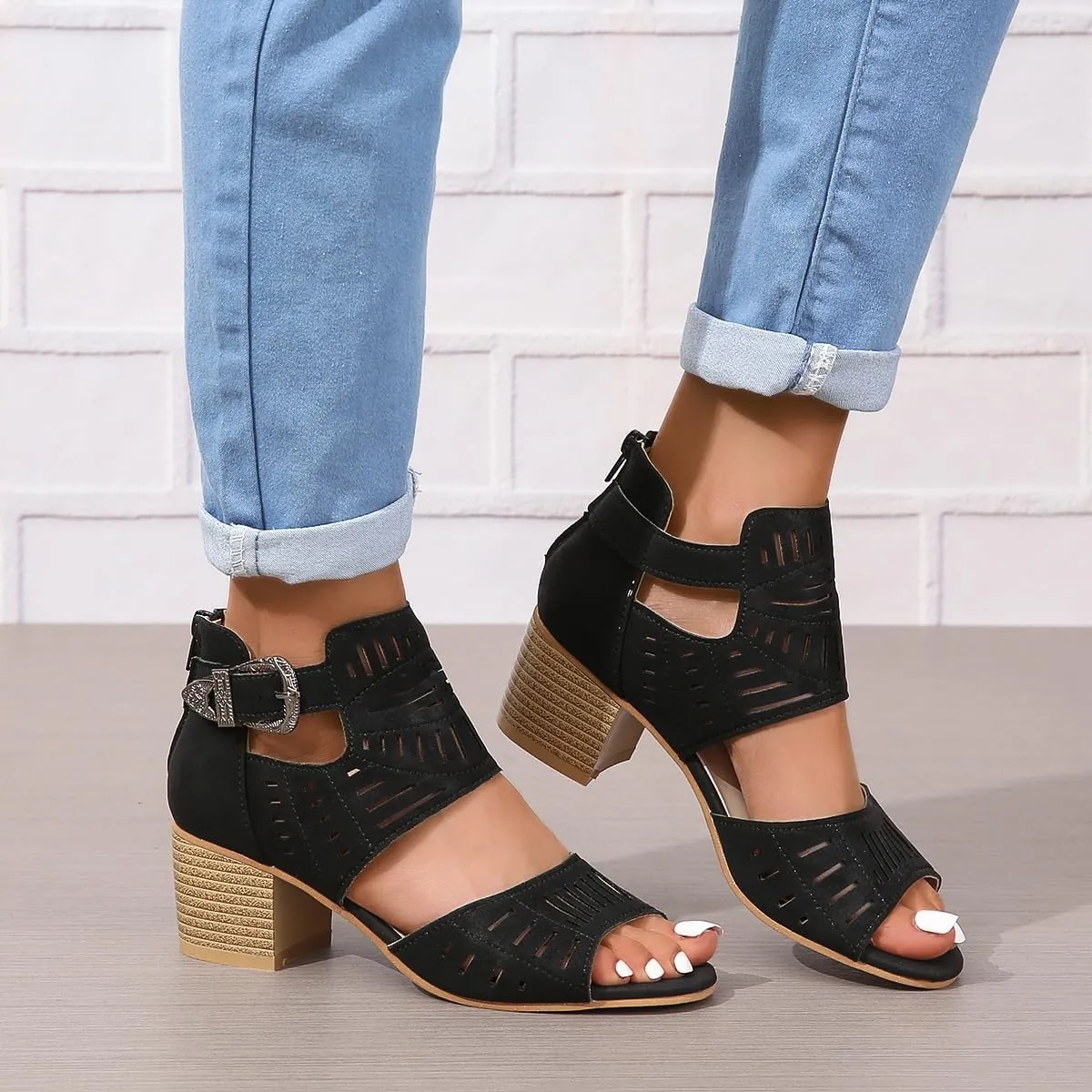 Orthopedic Sandals for Women Breathable Hollow Out Slip On Sandals Open Toe Slingback Middle Heel Sandal With Ankle Strap Metal Buckle Concise Casual Summer Shoes