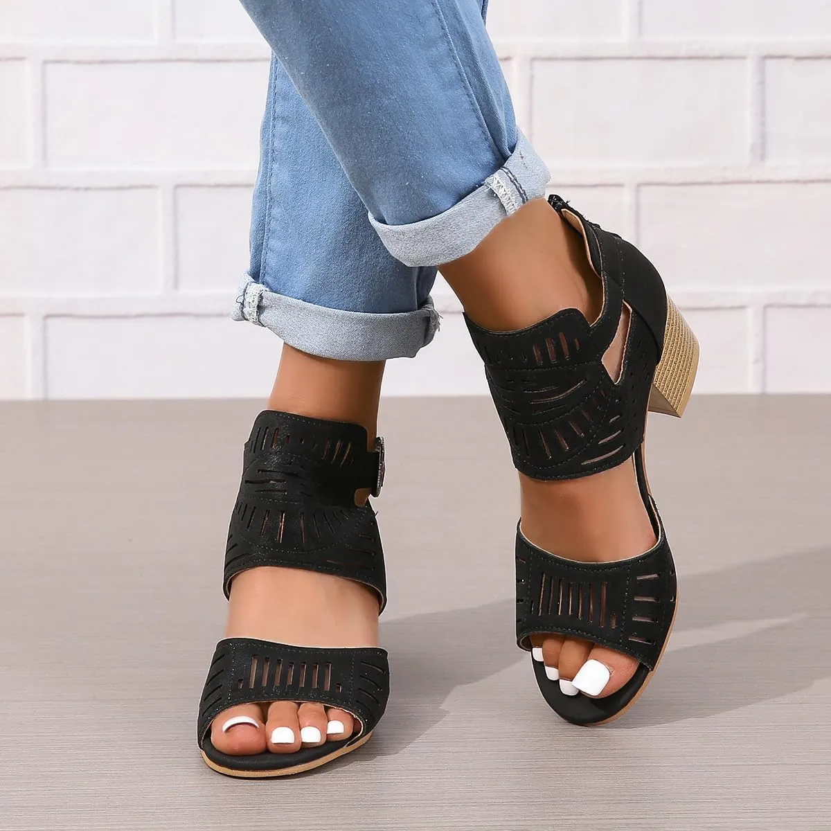 Orthopedic Sandals for Women Breathable Hollow Out Slip On Sandals Open Toe Slingback Middle Heel Sandal With Ankle Strap Metal Buckle Concise Casual Summer Shoes