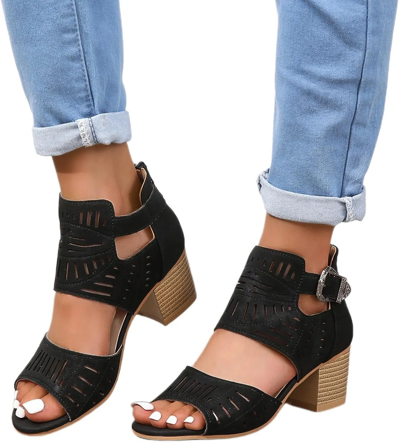 Orthopedic Sandals for Women Breathable Hollow Out Slip On Sandals Open Toe Slingback Middle Heel Sandal With Ankle Strap Metal Buckle Concise Casual Summer Shoes
