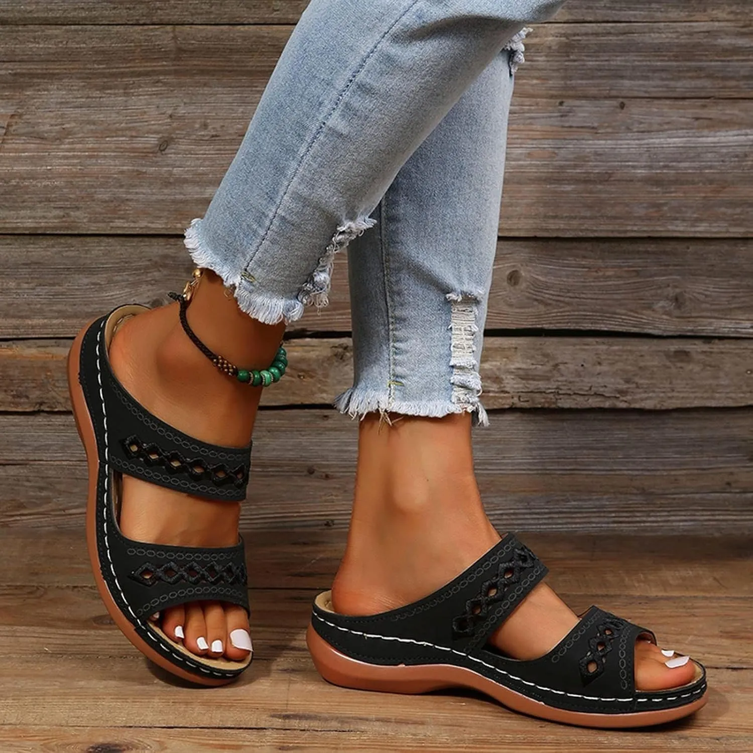 Orthopedic Sandals for Women Embroidered Wedge Perfectchose Arch Support Sandals Non-Slip Breathable Outdoor Walking Shoes Lightweight Memory Foam Platform Shoes