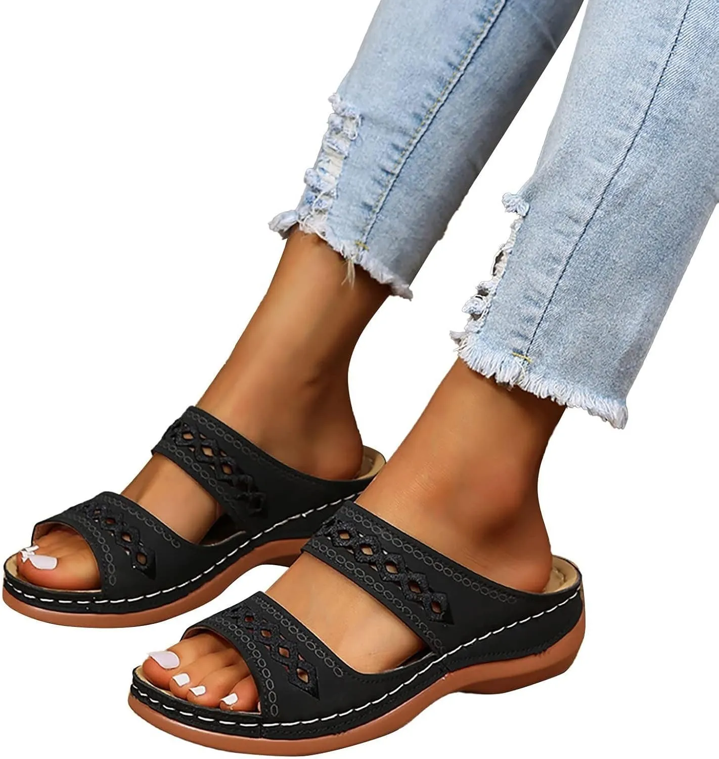 Orthopedic Sandals for Women Embroidered Wedge Perfectchose Arch Support Sandals Non-Slip Breathable Outdoor Walking Shoes Lightweight Memory Foam Platform Shoes
